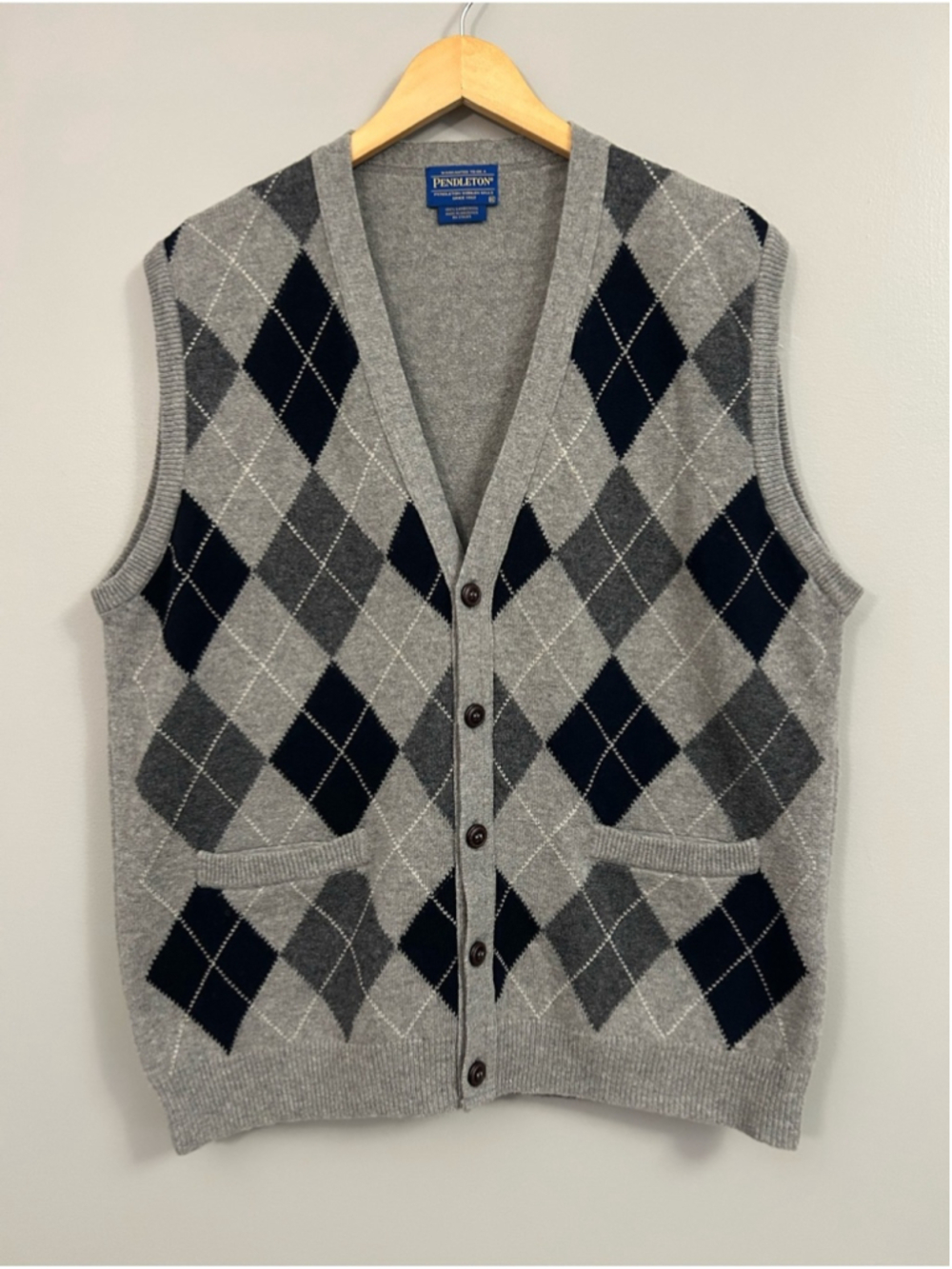 Pendleton Gray & Navy Argyle Wool Button Vest Size XL